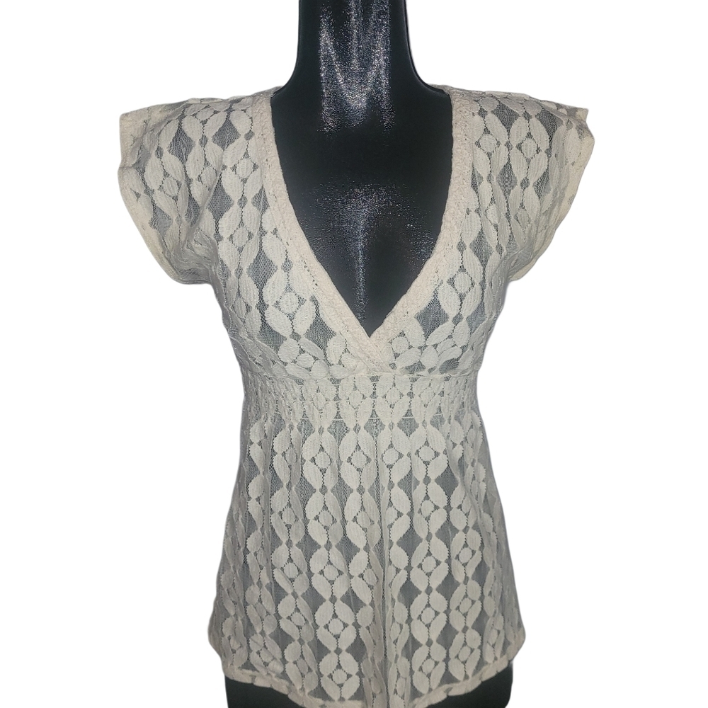Cream Colored Y2K Mesh Detailed Short Sleeve Top Size S